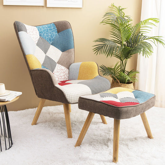 The Accent Chair With Ottoman set features creative, colorful splicing cloth upholstery and light wooden legs, sitting on a white rug beside a green potted plant in a bright, cozy room.