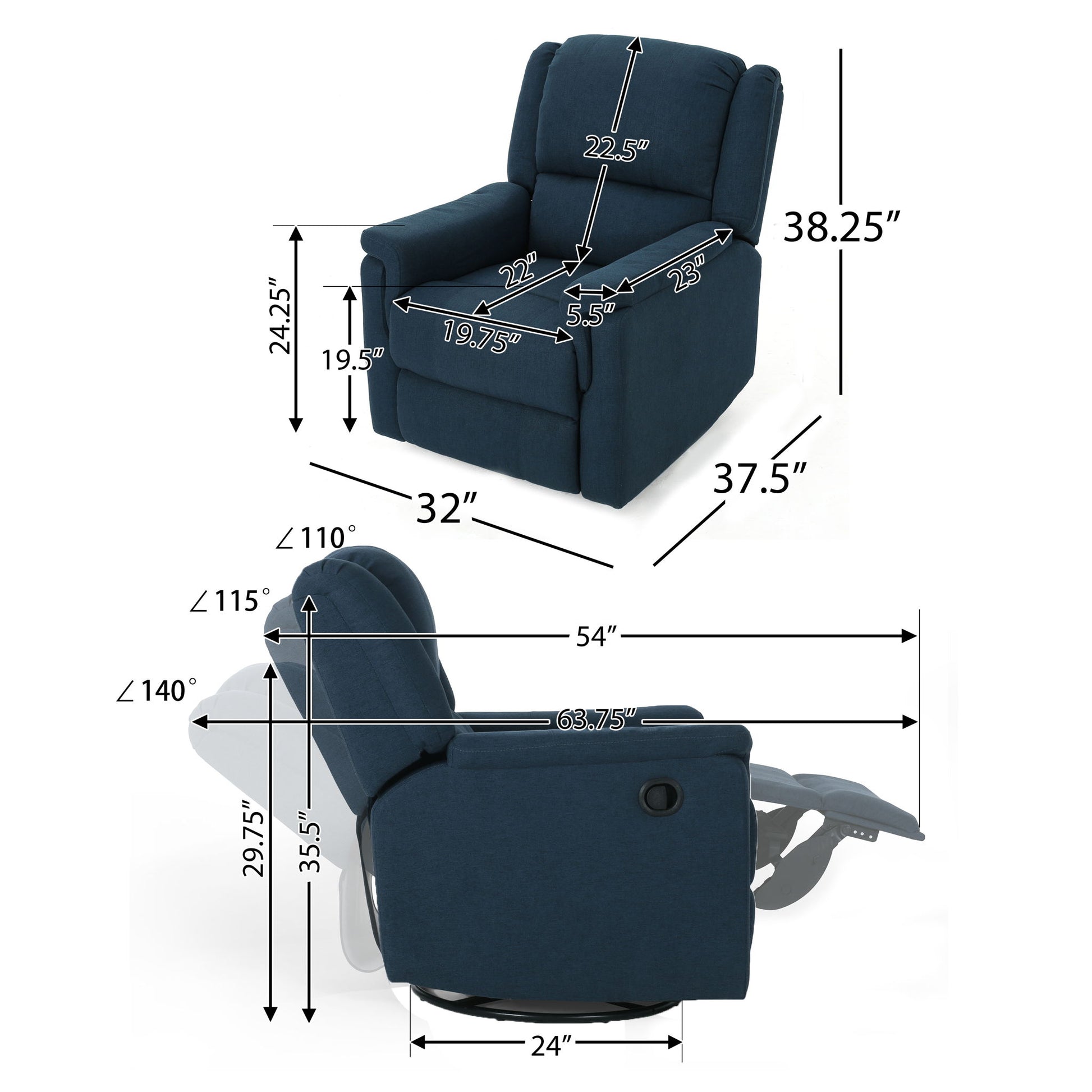 The Contemporary Glider Recliner With Swivel Function features dark blue upholstery. Upright: 38.25"H x 32"W x 37.5"D; seat: 22.5"W x 19.75"D x 24.25"H; fully reclined: 54"L, reclines to 140°, footrest extends to 35.5".