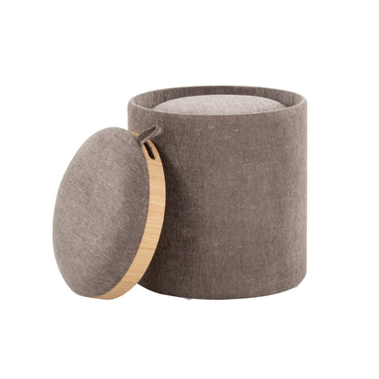 The Tray - Contemporary Nesting Ottoman Set features a round, brown fabric ottoman with a matching lid that has a wooden rim. The empty ottoman and its lid are shown on a white background.