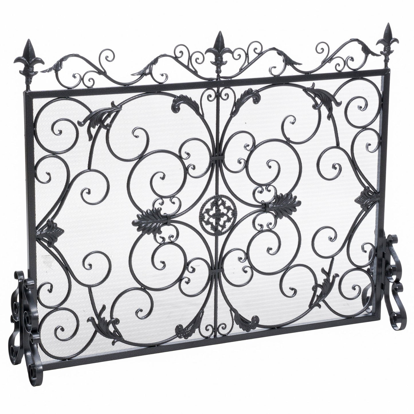 The Darcie - Wrought Fireplace Screen features an ornate black design with scrollwork, floral motifs, and finial accents; it stands upright on curved feet for stability.