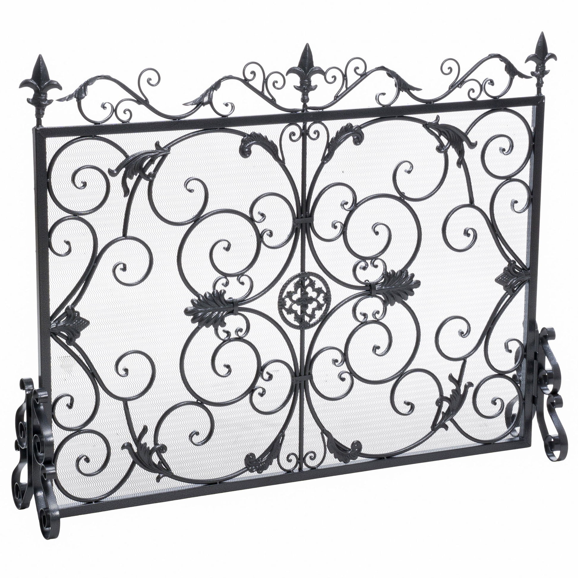 The Darcie - Wrought Fireplace Screen features an ornate black design with scrollwork, floral motifs, and finial accents; it stands upright on curved feet for stability.