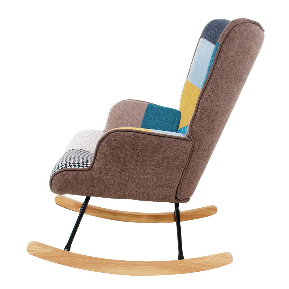 Rocking Chair, Mid-Century Fabric Rocker Chair With Wood Legs And Patchwork Linen For Livingroom Bedroom - Multicolor