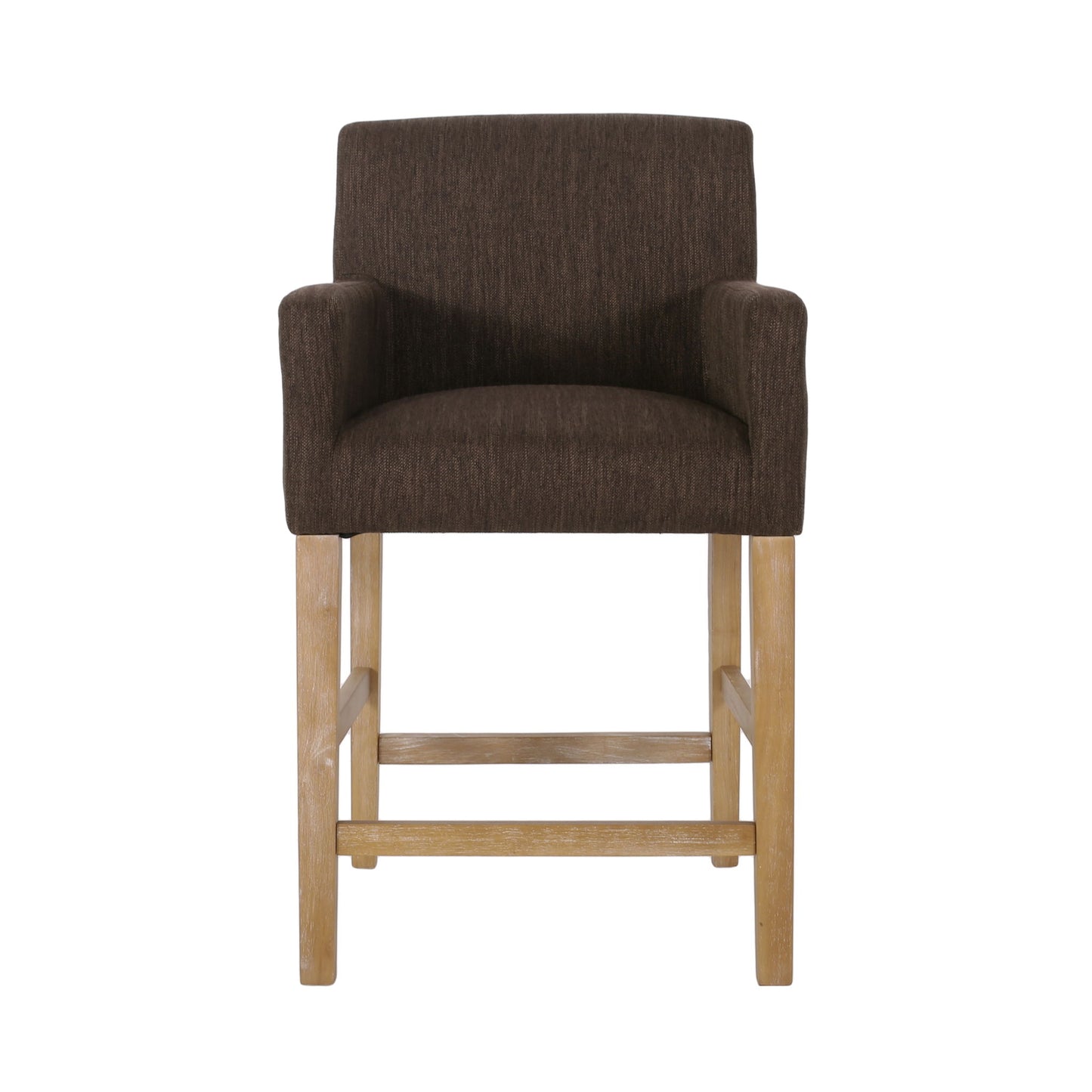 The Charmed Upholstered Counter Stool features round arms, a cushioned back, brown upholstery, light wooden legs with an H-frame base and footrest, shown from the front against a white background.
