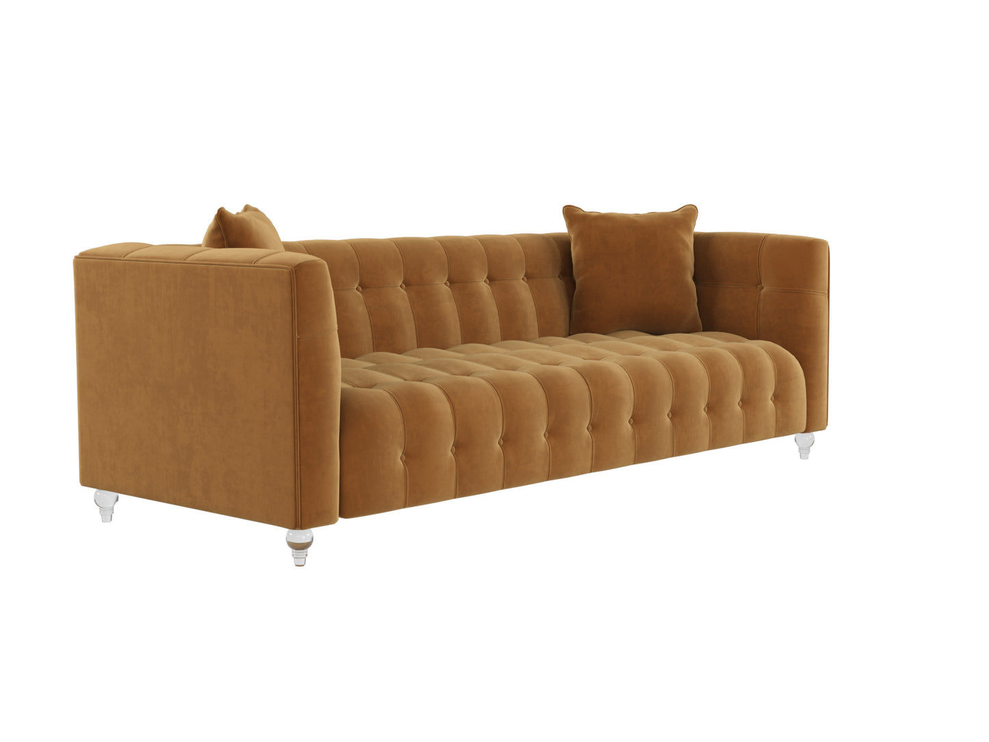 Introducing the Bea Velvet Tufted Sofa: a modern piece crafted with plush, brown velvet featuring squared arms and a single matching cushion. The design boasts sleek lines and stands on tapered, reflective metal legs for added elegance.