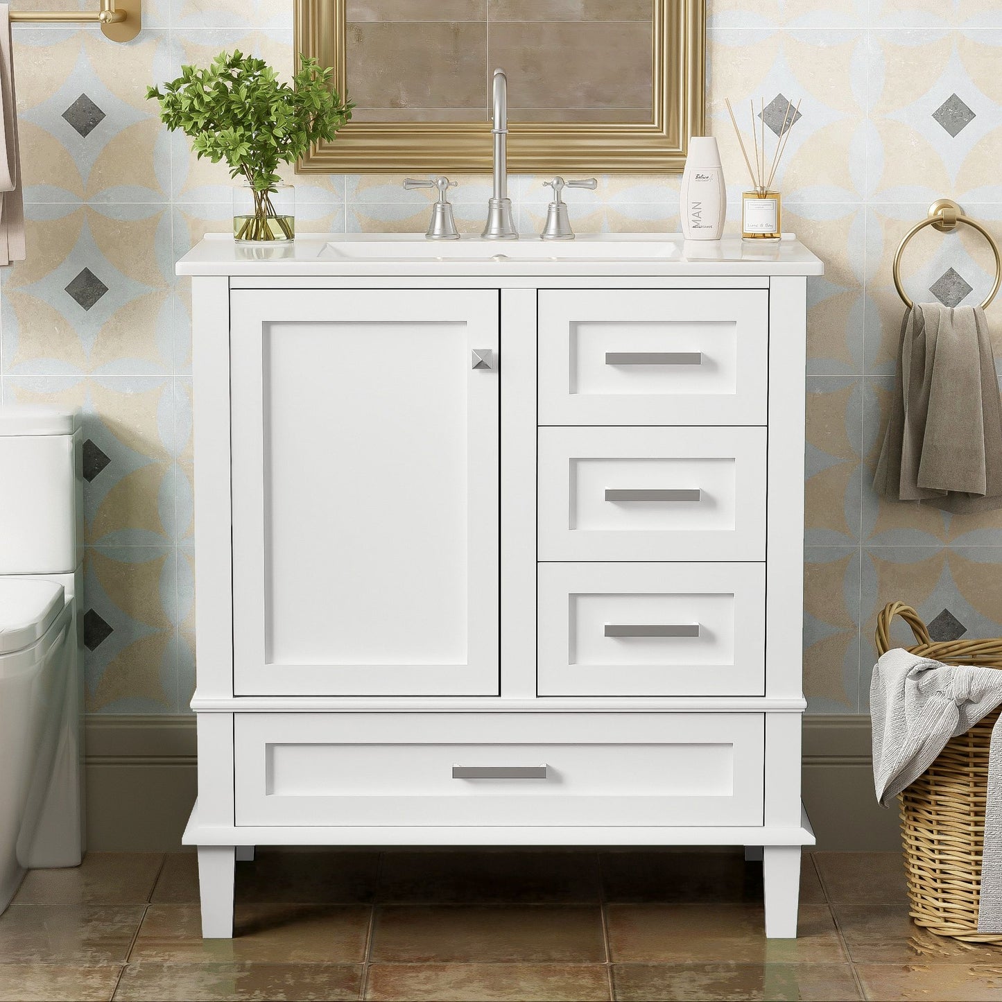A modern bathroom vanity with sink combo set features a solid wood frame, soft closing door, and 3 drawers. Nearby are a gold-framed mirror, soap, towel, wicker basket; a plant sits on the vanity.