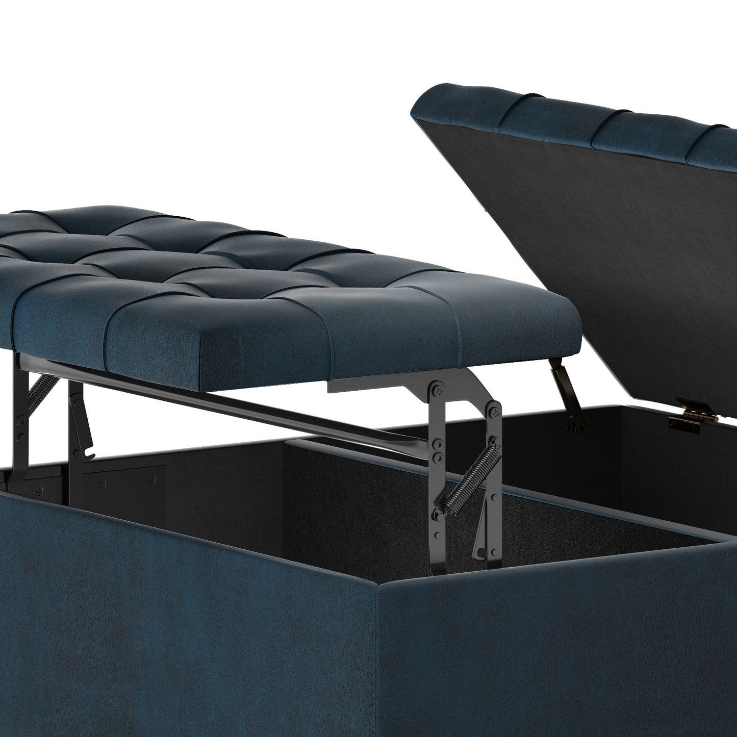 A close-up of the Harrison - Large Coffee Table Storage Ottoman, featuring blue upholstery and a tufted, hinged lid that’s partially open to reveal the spacious storage compartment inside.