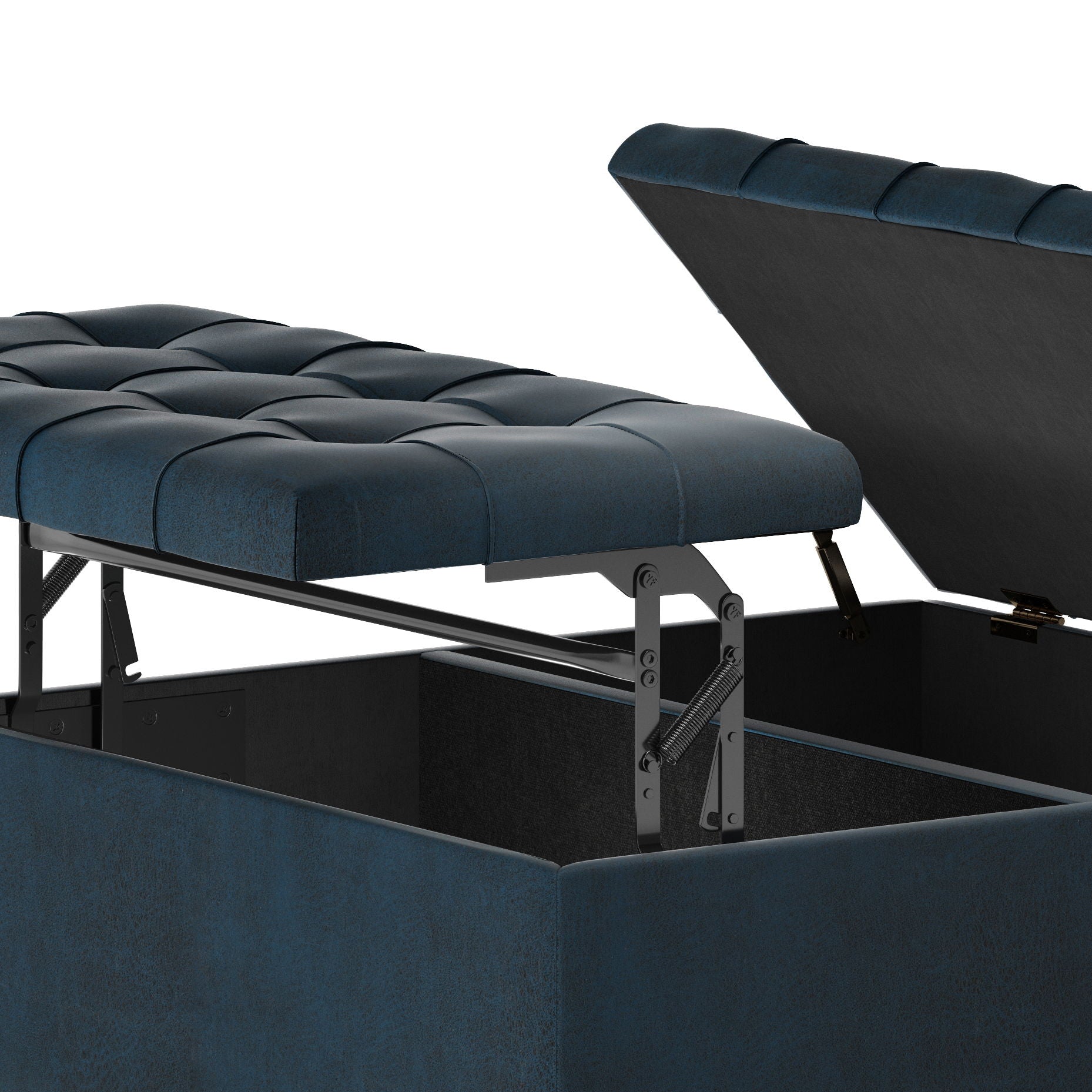 A close-up of the Harrison - Large Coffee Table Storage Ottoman, featuring blue upholstery and a tufted, hinged lid that’s partially open to reveal the spacious storage compartment inside.