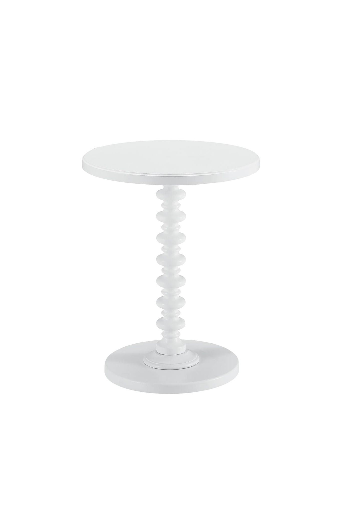 The Acton Accent Table in white features a modern round design with a sculpted spindle-style central support and circular base, shown against a plain white background.