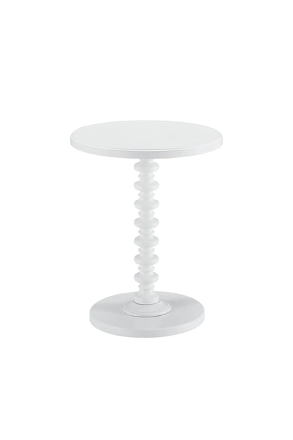 The Acton Accent Table in white features a modern round design with a sculpted spindle-style central support and circular base, shown against a plain white background.