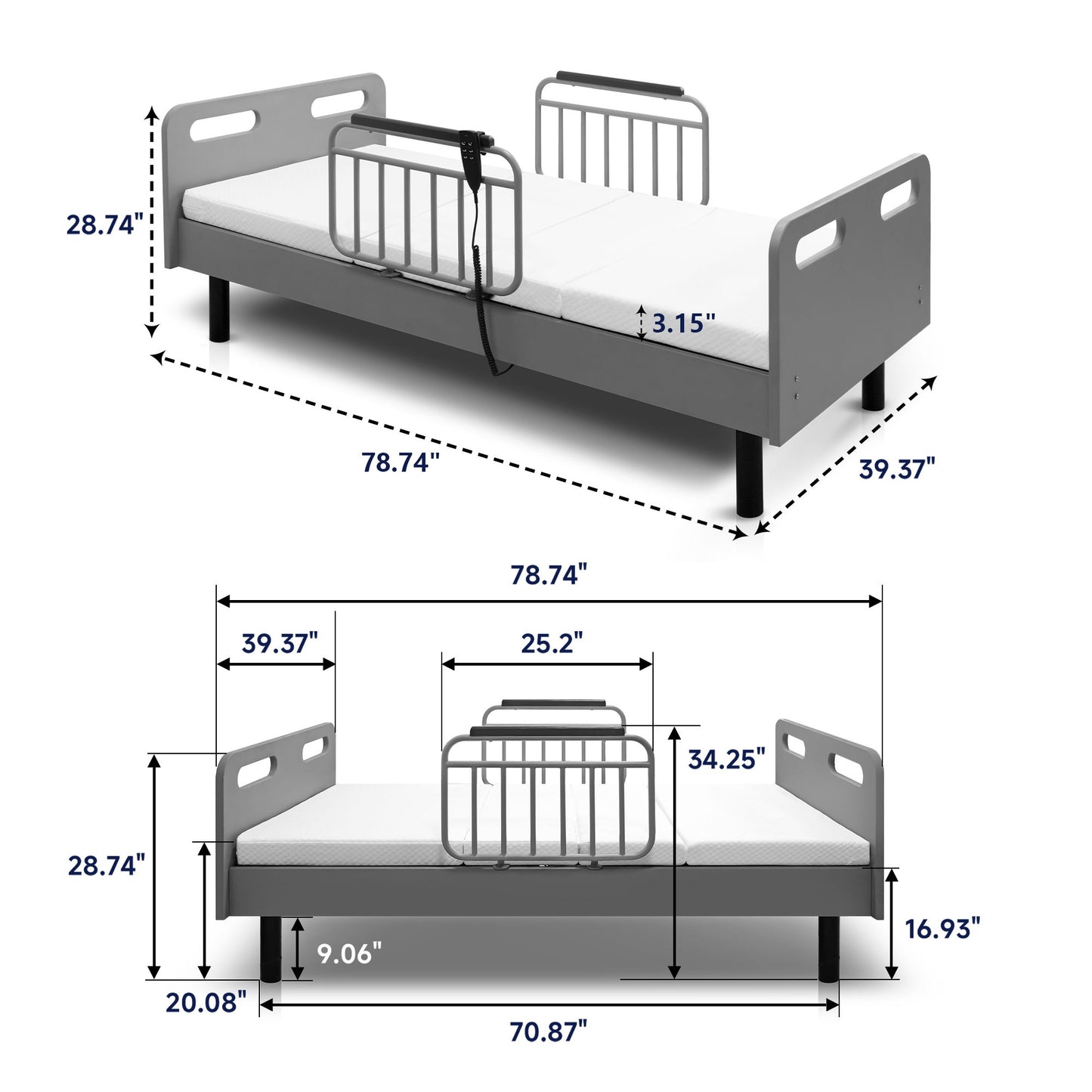 Electric Adjustable Hospital Bed For Home Use With Wired Remote Control, Memory Foam Mattress - Gray / White