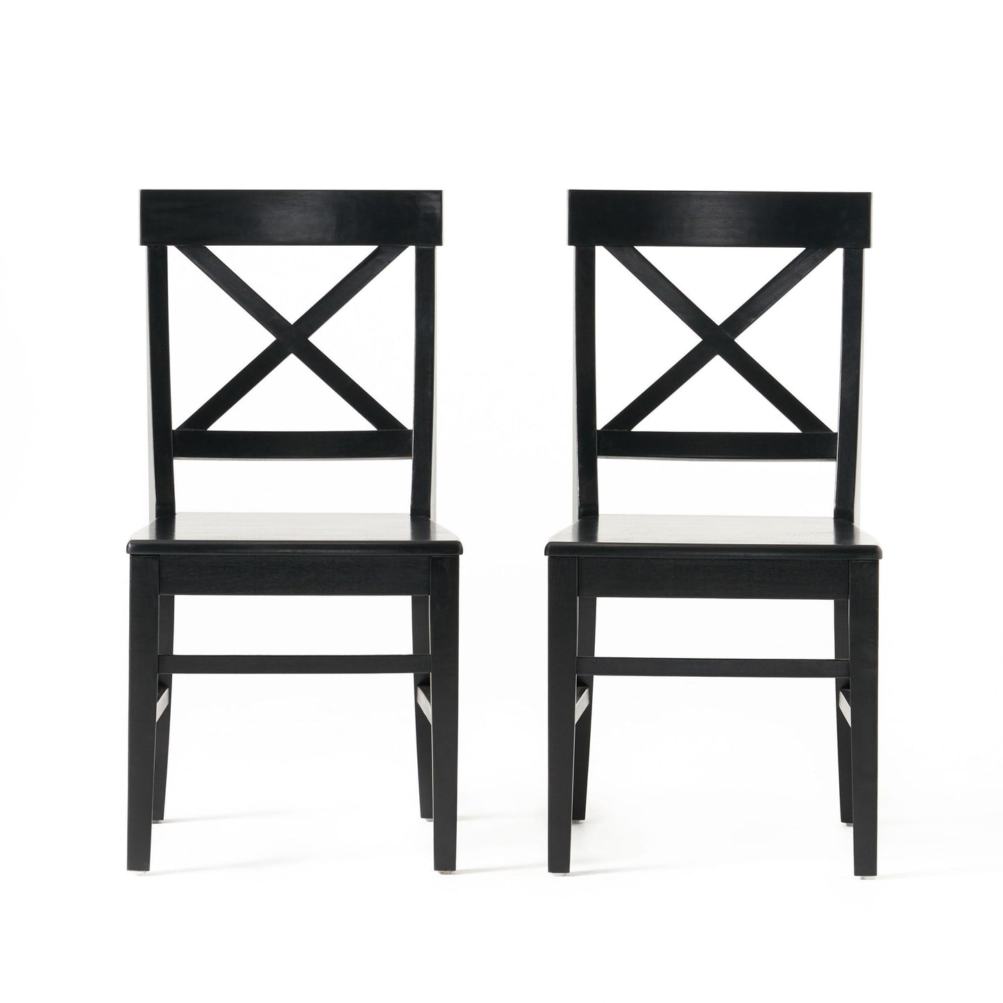 The Plethora Dining Chair With X Shaped Back (Set of 2) features two black wooden chairs placed side by side on a white background.