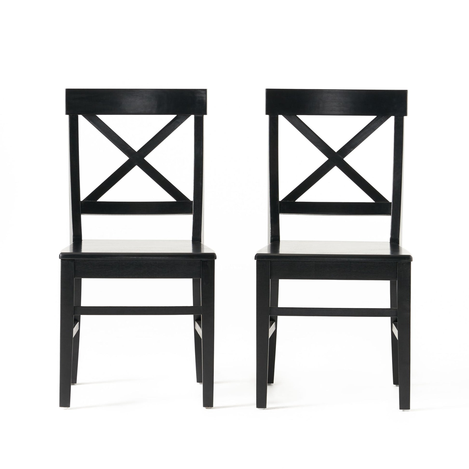 The Plethora Dining Chair With X Shaped Back (Set of 2) features two black wooden chairs placed side by side on a white background.