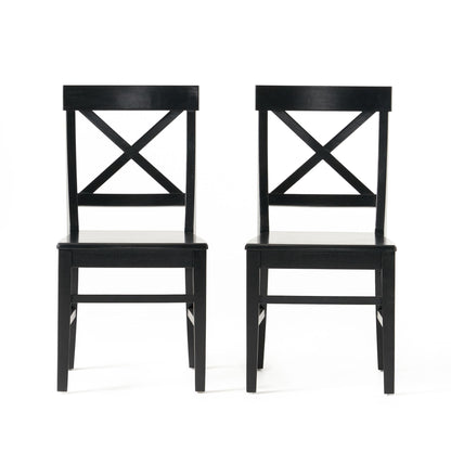 The Plethora Dining Chair With X Shaped Back (Set of 2) features two black wooden chairs placed side by side on a white background.