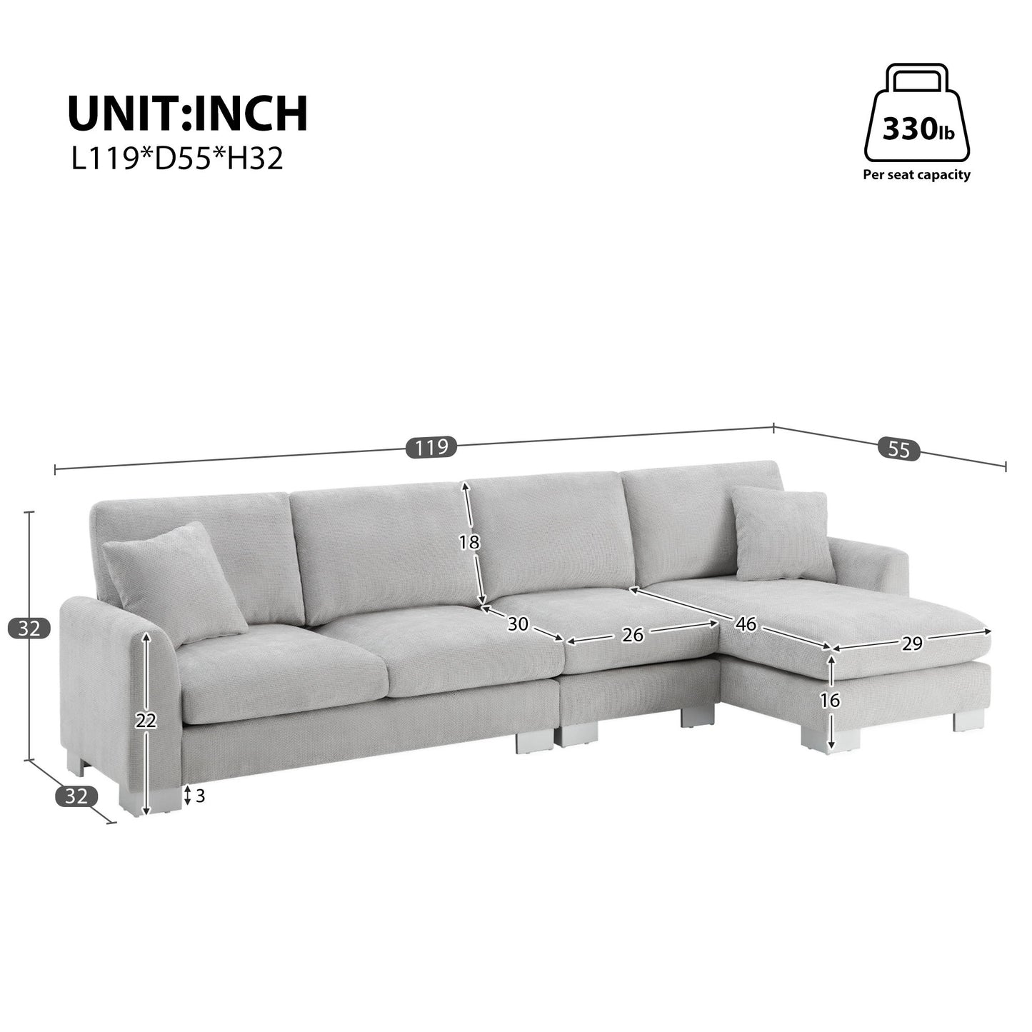 Modern Oversized Sectional Sofa—L-shaped chenille couch set with chaise, 2 free pillows, seats 5. Dimensions (in): length 119, depth 55, height 32, seat depth 22, seat height 18, arm height 26, chaise length 46. Max seat capacity: 330 lb.