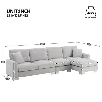 Modern Oversized Sectional Sofa—L-shaped chenille couch set with chaise, 2 free pillows, seats 5. Dimensions (in): length 119, depth 55, height 32, seat depth 22, seat height 18, arm height 26, chaise length 46. Max seat capacity: 330 lb.