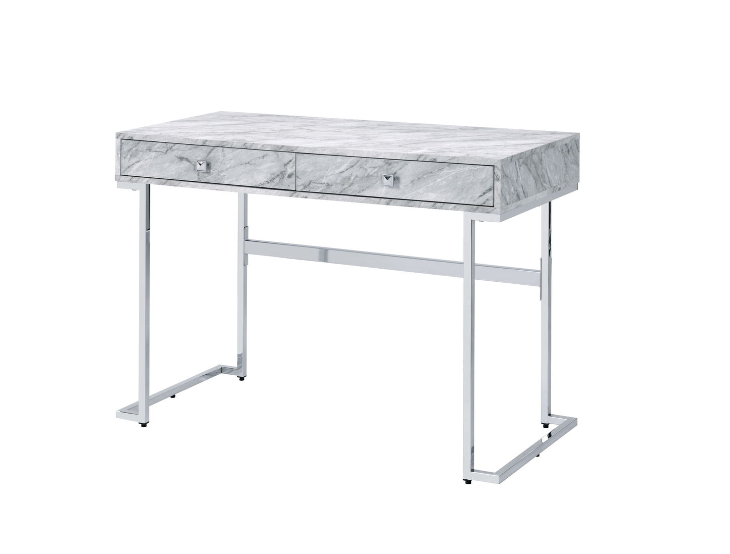 The Tigress Printed Faux Marble Top Writing Desk in white features a rectangular faux marble surface, two front drawers with square knobs, and chrome-finished metal legs set against a white background.