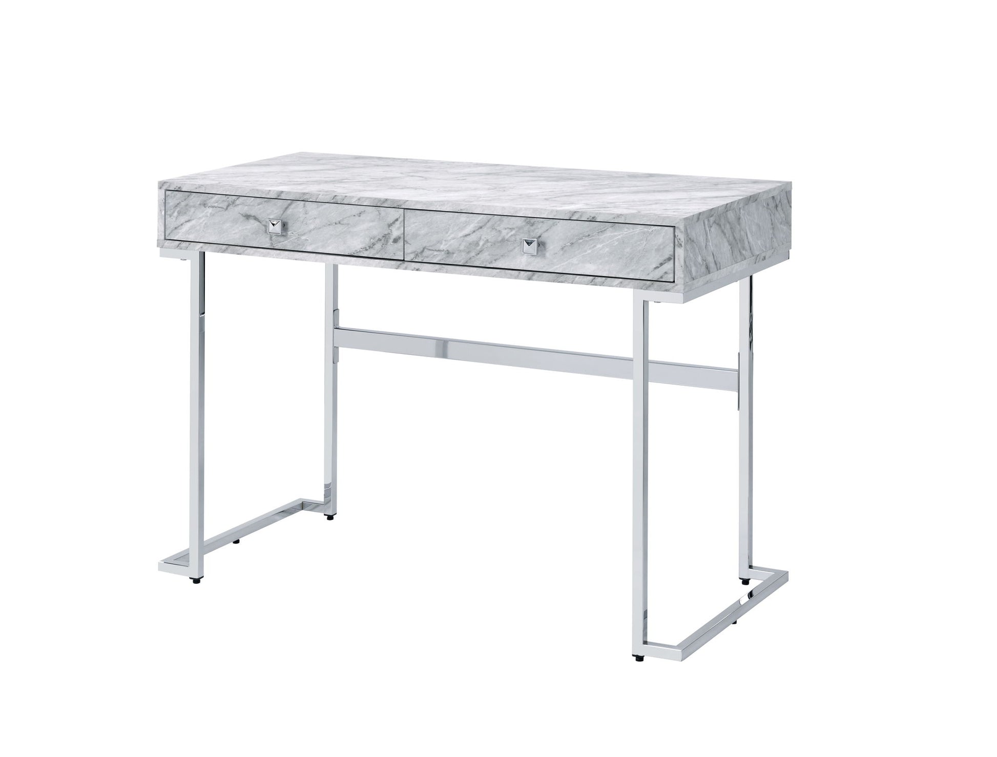The Tigress Printed Faux Marble Top Writing Desk in white features a rectangular faux marble surface, two front drawers with square knobs, and chrome-finished metal legs set against a white background.