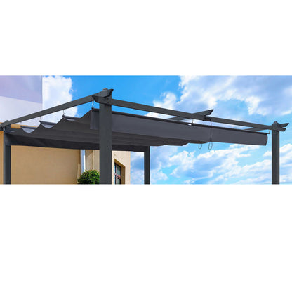 A Replacement Canopy Top Cover Fabric for Outdoor Patio Retractable Pergola is partially extended on a modern pergola attached to a house, set against a bright blue sky with scattered clouds.