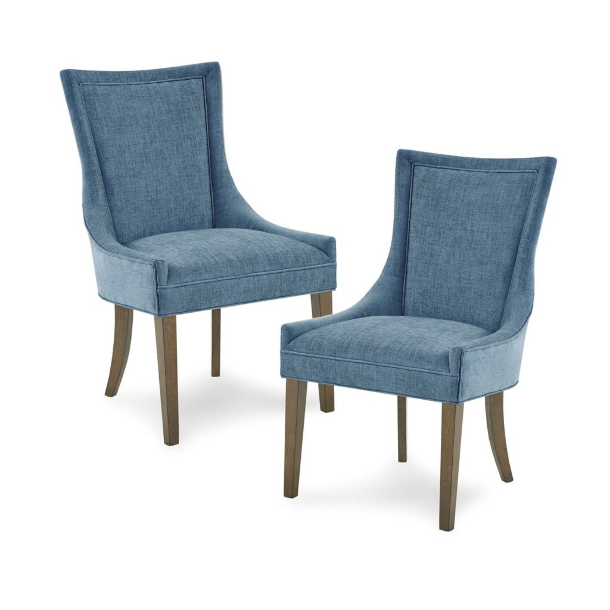 A set of two Ultra - Elegant Dining Side Chairs with high blue upholstered backs and slightly flared wooden legs, displayed on a white background.