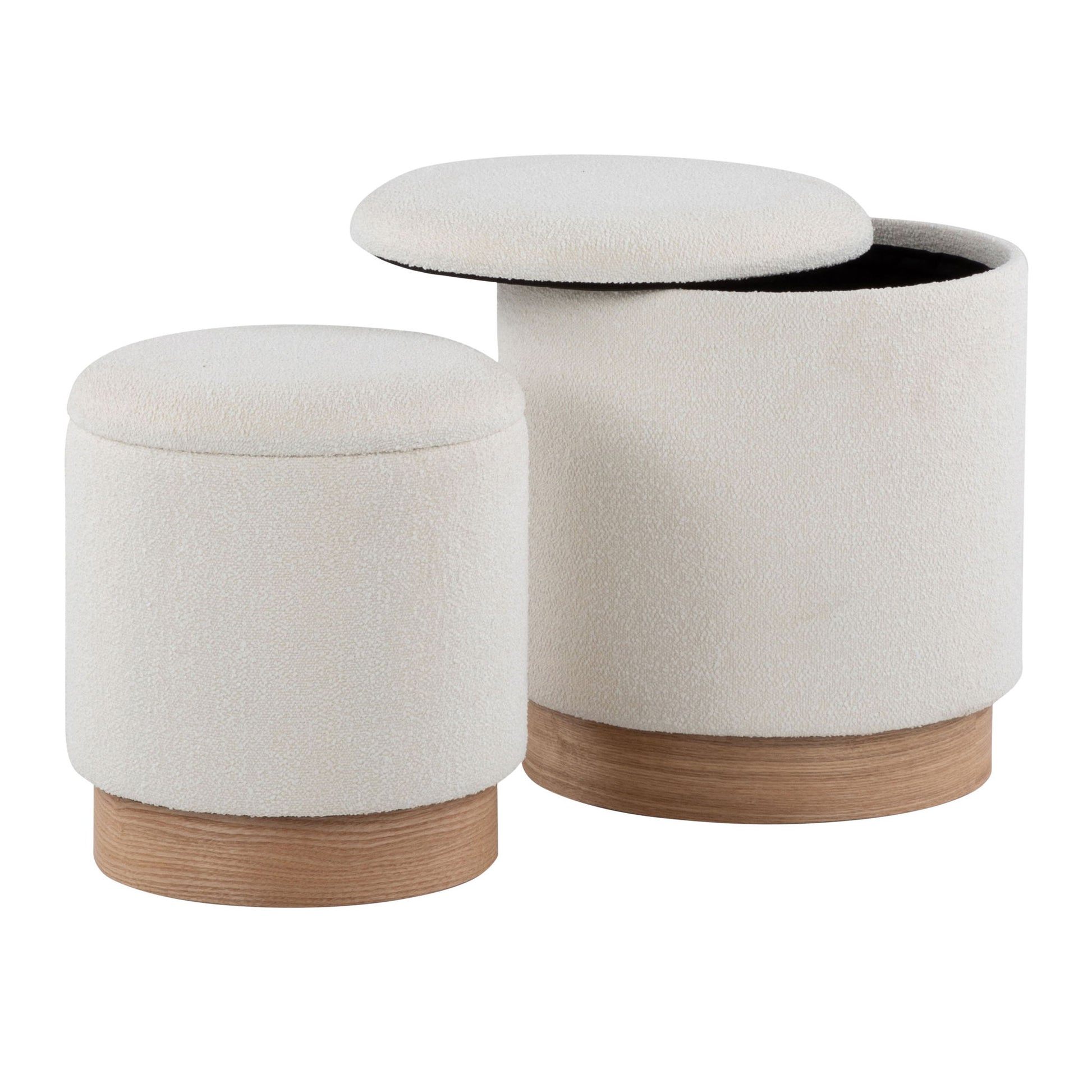 The Marla Contemporary Nesting Ottoman Set in Natural/Cream features two round, white upholstered ottomans with light wood bases; one is closed, and the other shows its storage space with a partially removed lid.