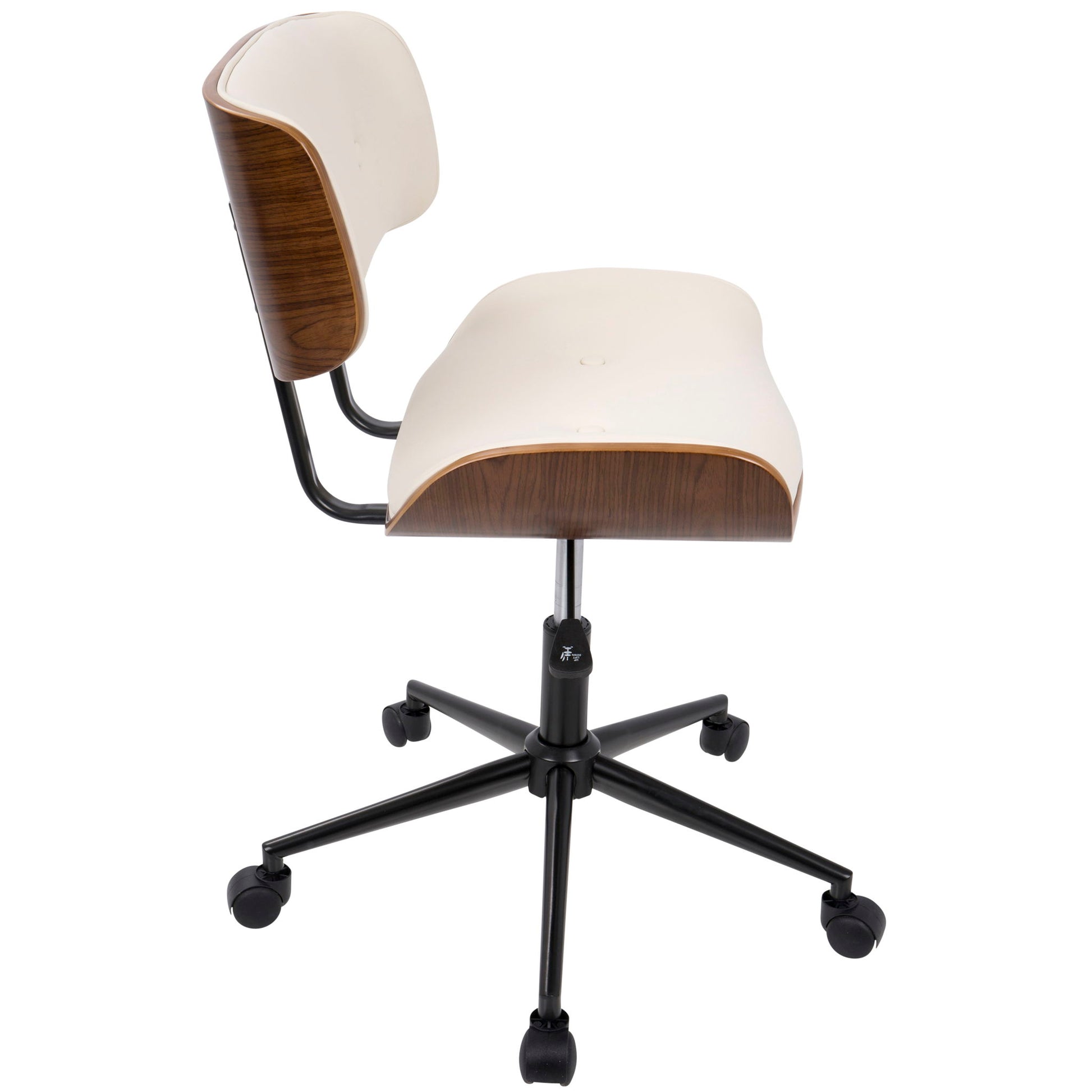 A side view of the Lombardi Mid Century Modern Adjustable Office Chair, featuring a curved wooden back and seat, cream padding, and a black five-wheel base.