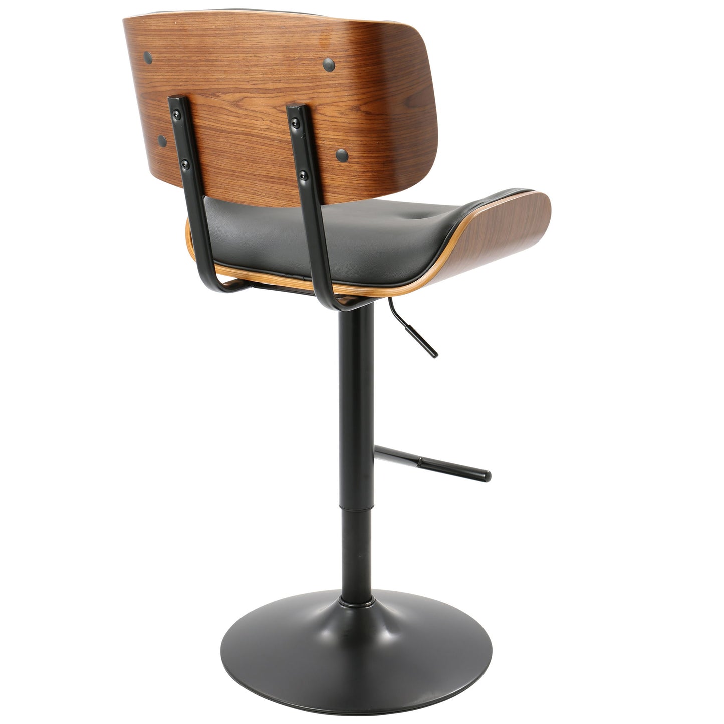 The image shows the Lombardi Mid Century Modern Adjustable Barstool from the back, featuring a curved wooden backrest and seat, black cushion, and a black metal pedestal base with footrest and height adjustment lever.