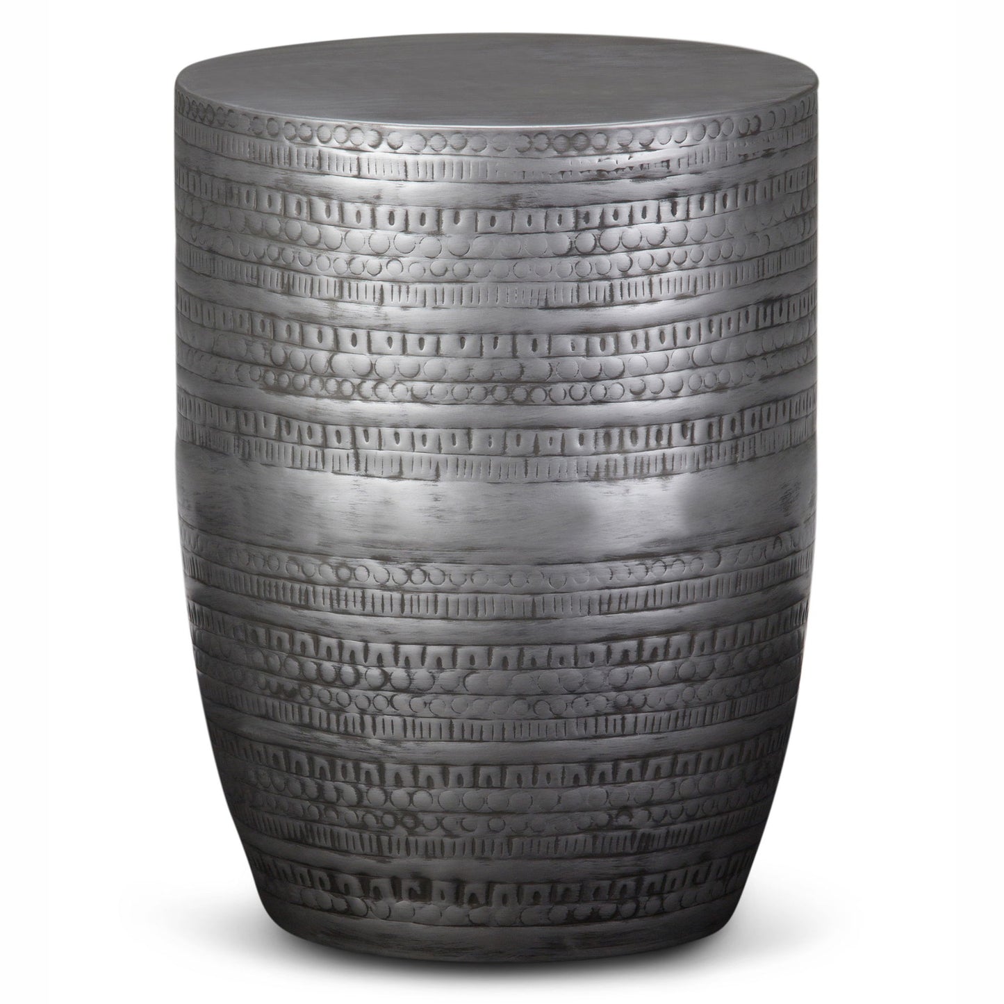 The Johnsen - Handcrafted Large Metal Accent Table is a cylindrical piece with a shiny silver finish, featuring intricate horizontal etched patterns and a smooth, flat top—perfect as a stool or side table.