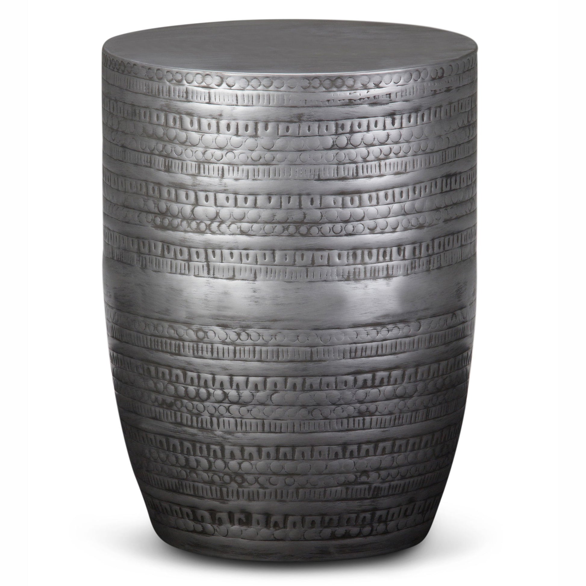 The Johnsen - Handcrafted Large Metal Accent Table is a cylindrical piece with a shiny silver finish, featuring intricate horizontal etched patterns and a smooth, flat top—perfect as a stool or side table.