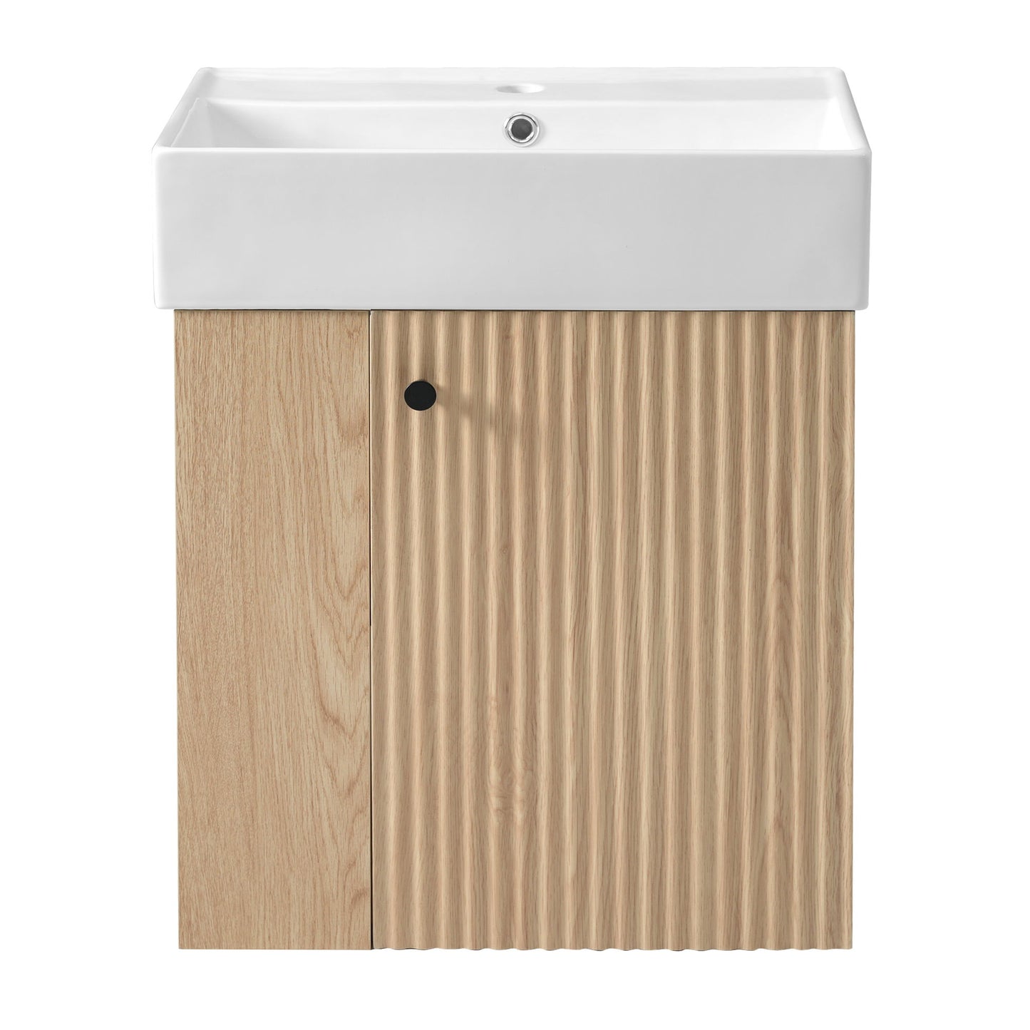 The Modern Floating Bathroom Vanity With Ceramic Basin is perfect for small bathrooms, featuring a white ceramic sink on top and a light wood cabinet with one vertically grooved door and one smooth-finish door.