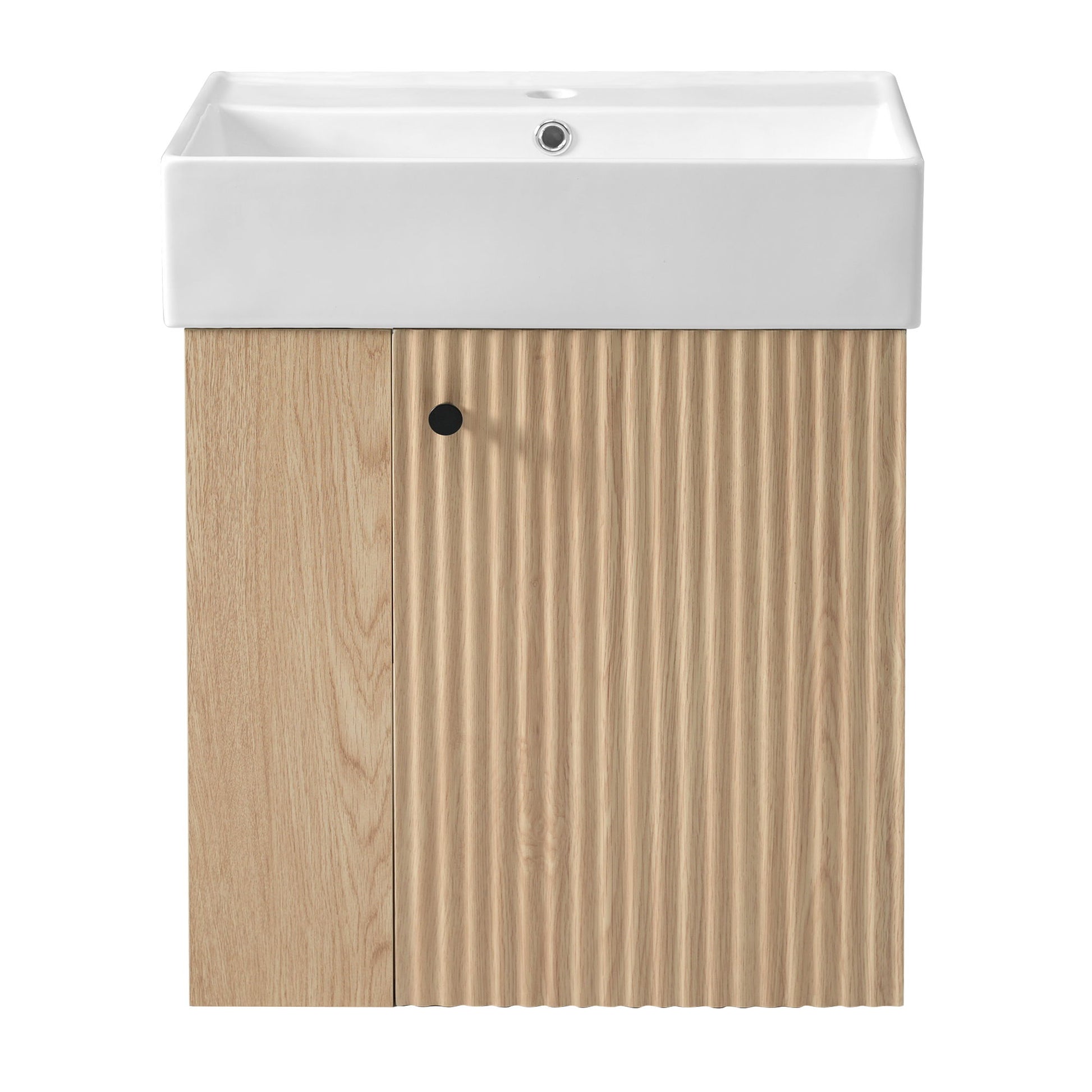The Modern Floating Bathroom Vanity With Ceramic Basin is perfect for small bathrooms, featuring a white ceramic sink on top and a light wood cabinet with one vertically grooved door and one smooth-finish door.