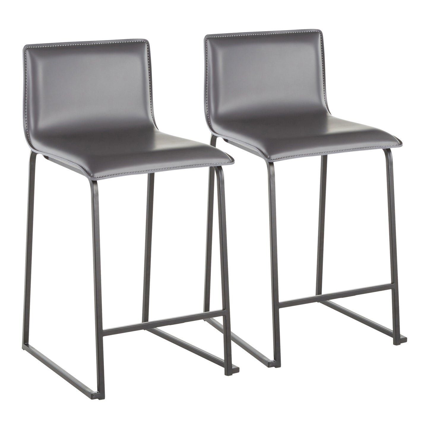 A set of two Mara Upholstered Contemporary Counter Stools featuring sleek metal legs, footrests, and seats with dark gray upholstery for a minimalist look.
