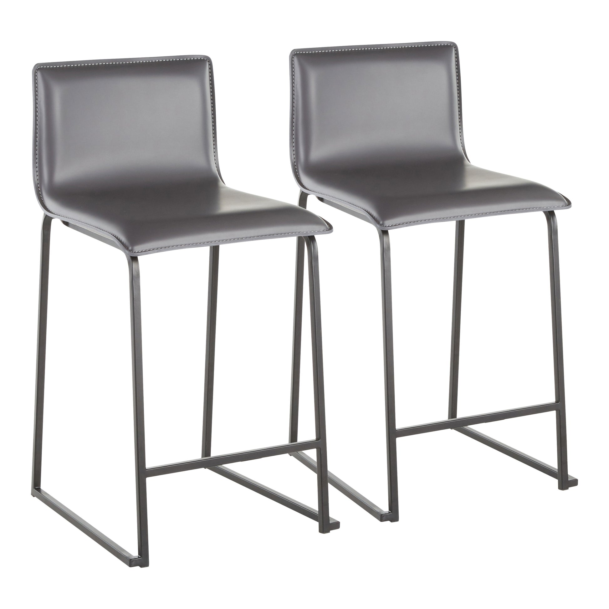 A set of two Mara Upholstered Contemporary Counter Stools featuring sleek metal legs, footrests, and seats with dark gray upholstery for a minimalist look.