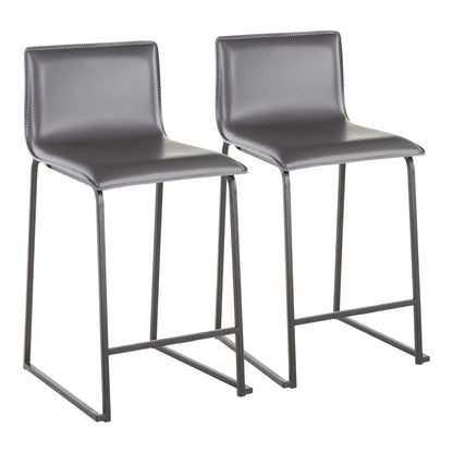 A set of two Mara Upholstered Contemporary Counter Stools featuring sleek metal legs, footrests, and seats with dark gray upholstery for a minimalist look.