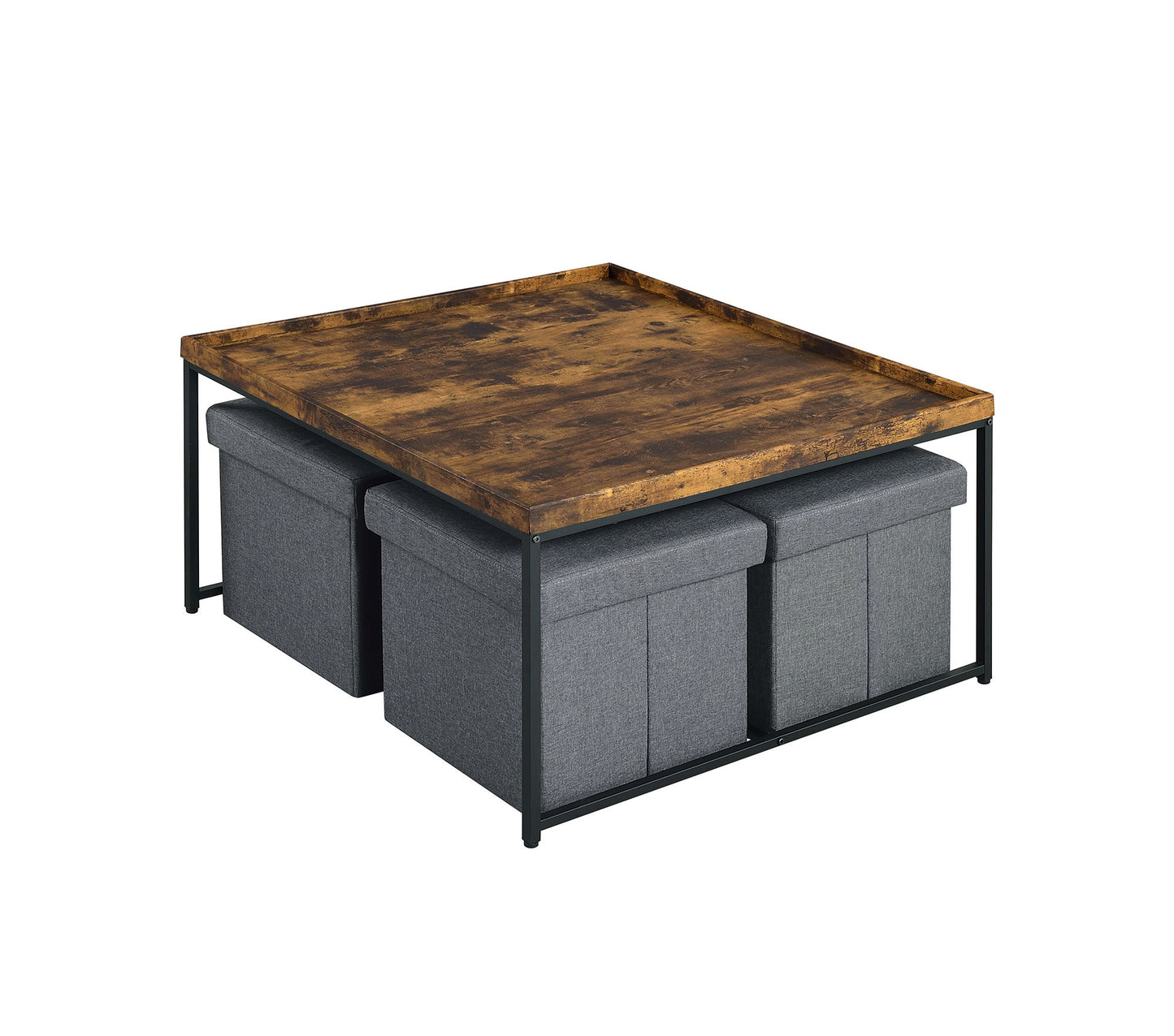 The Vinny Wood Grain Coffee Table Set with raised edges features a rustic wooden top, black metal frame, and includes four gray upholstered storage ottomans neatly tucked underneath.
