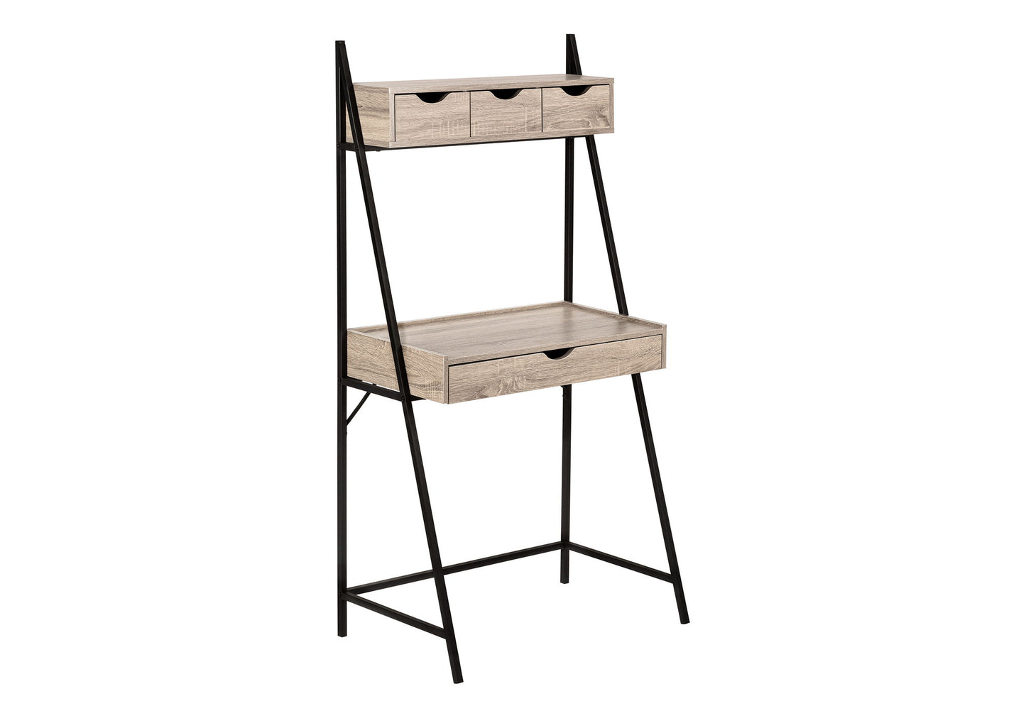 The Computer Desk for Home Office features a black metal frame, angled legs for stability, one large drawer, three small drawers above, an open shelf below the tabletop, and a compact, minimalist design—ideal for modern workspaces.