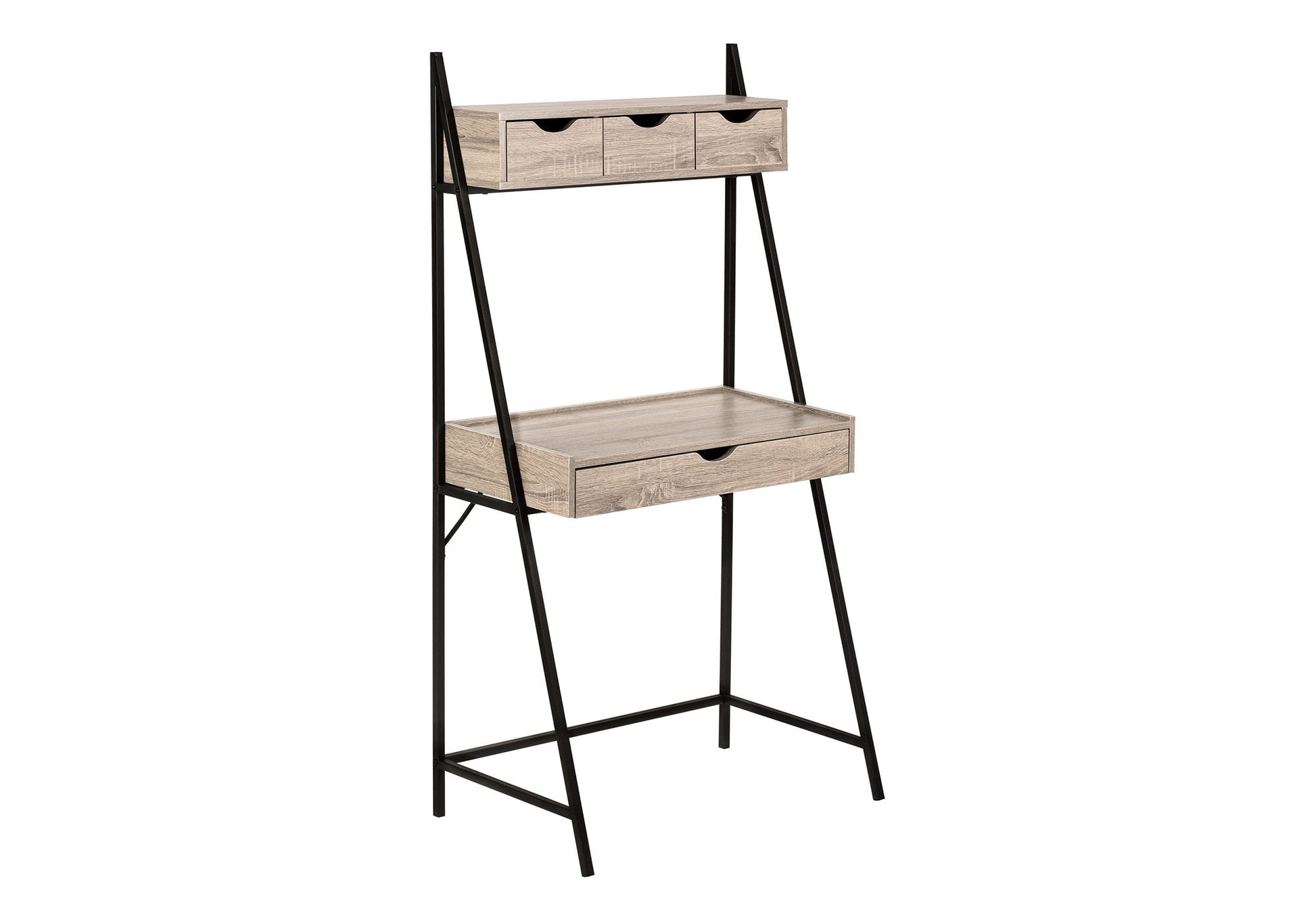 The Computer Desk for Home Office features a black metal frame, angled legs for stability, one large drawer, three small drawers above, an open shelf below the tabletop, and a compact, minimalist design—ideal for modern workspaces.