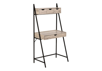 The Computer Desk for Home Office features a black metal frame, angled legs for stability, one large drawer, three small drawers above, an open shelf below the tabletop, and a compact, minimalist design—ideal for modern workspaces.