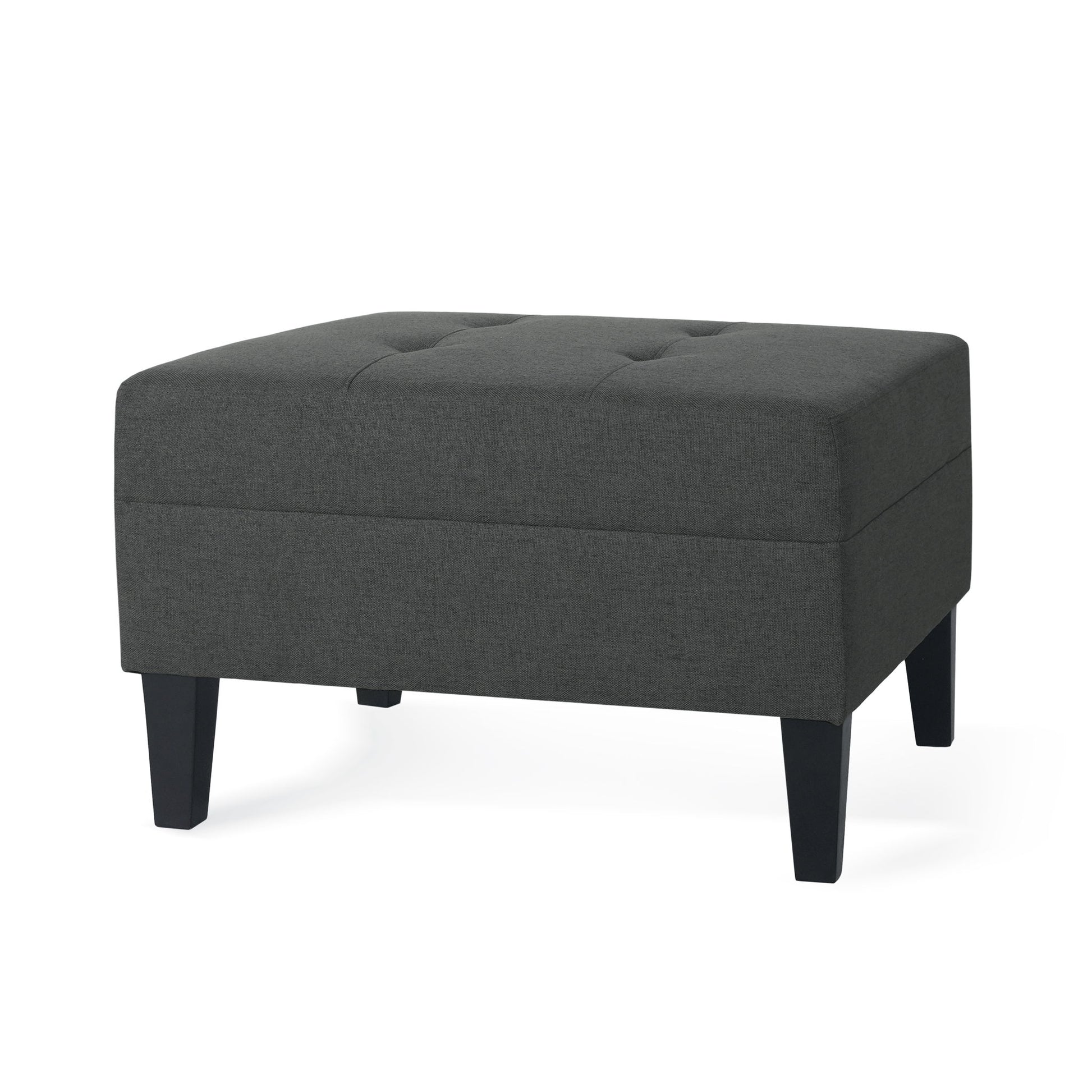 The Classic Ottoman features fabric upholstery in dark gray, a tufted top, and four black birch wood legs, shown against a white background.