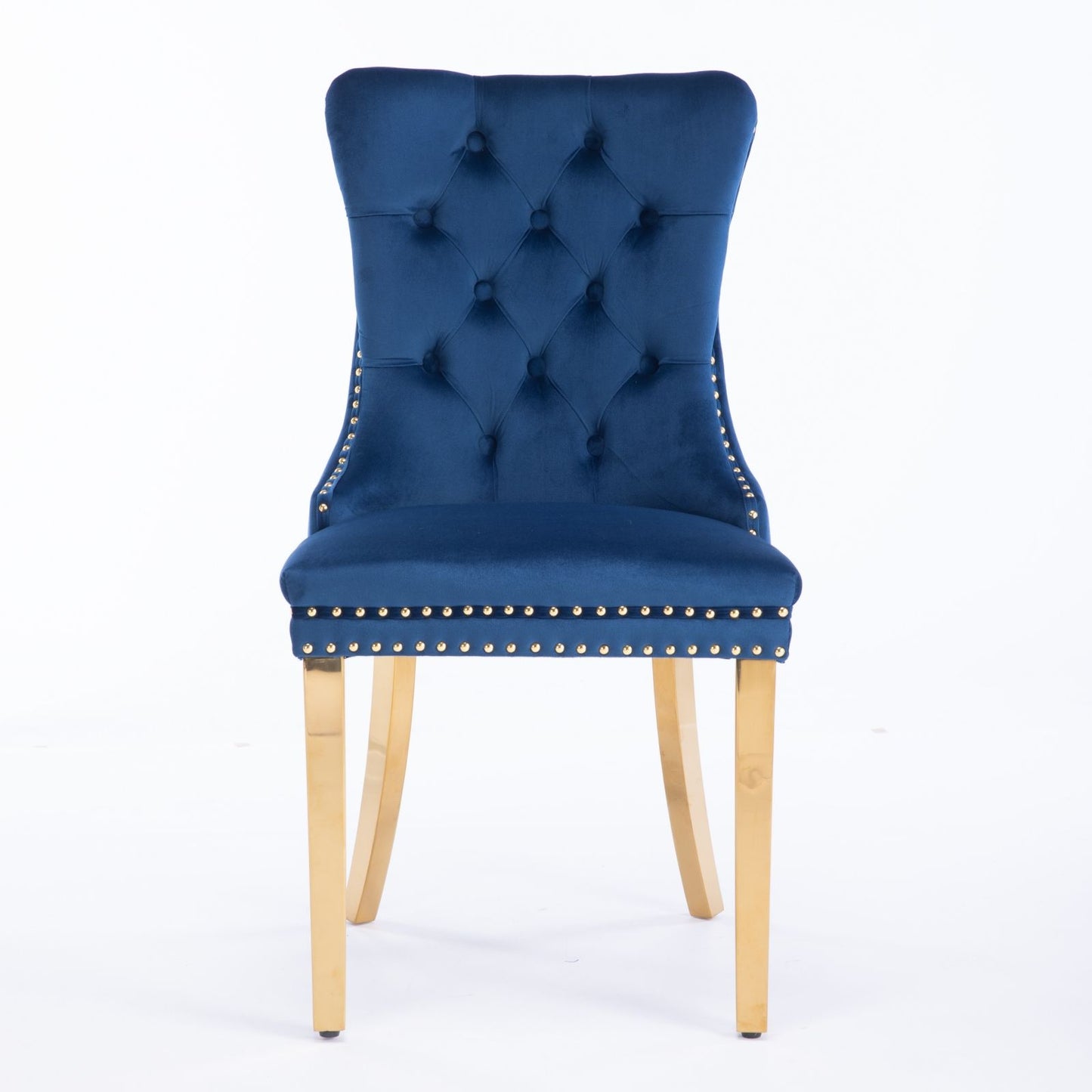 The Nikki is a modern, high-end velvet upholstered dining chair with a tufted backrest, nailhead trim, and golden stainless steel plating legs, shown in a set of 2 against a plain white background.