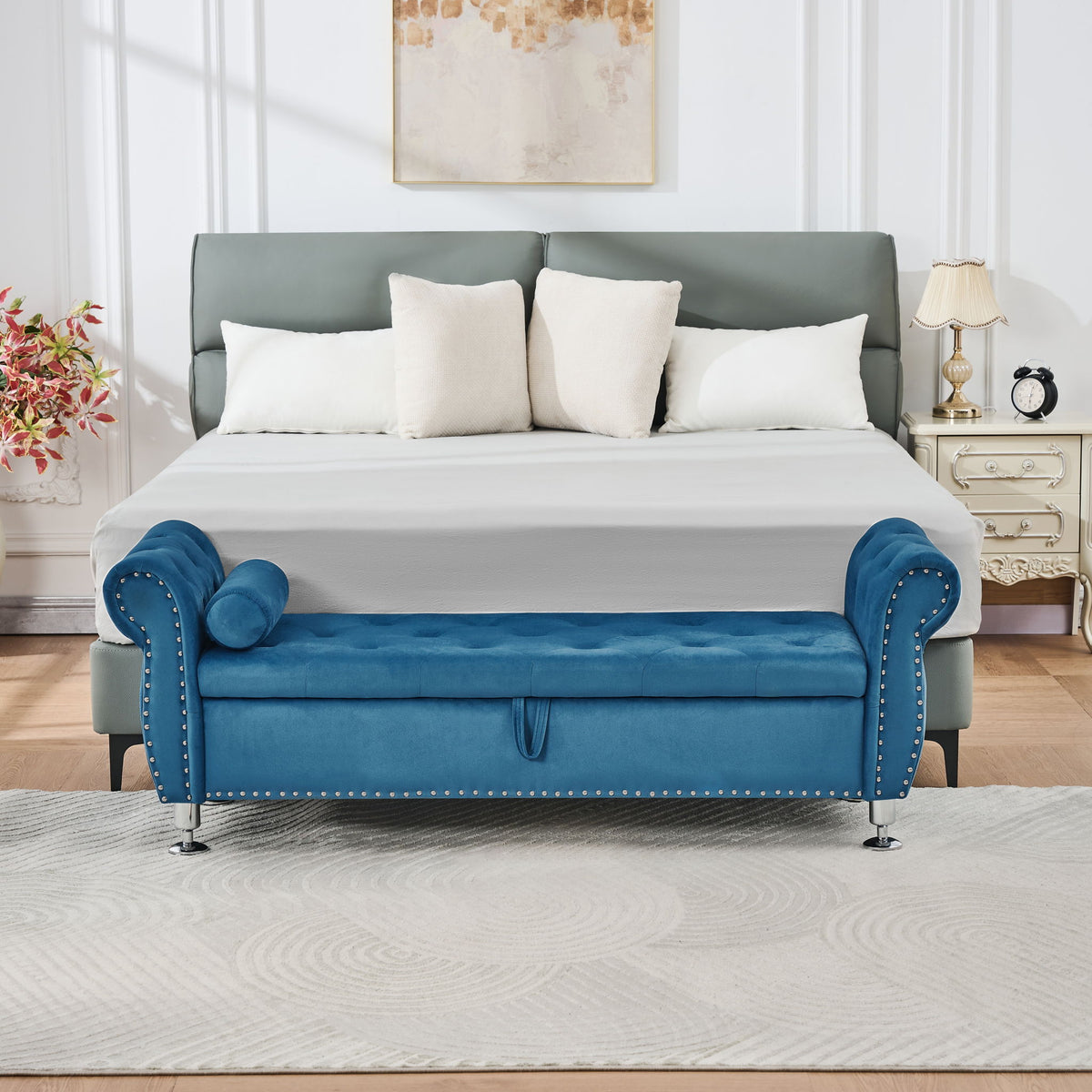 Storage Bench With Crystal Buttons And 1 Pillow For Bedroom