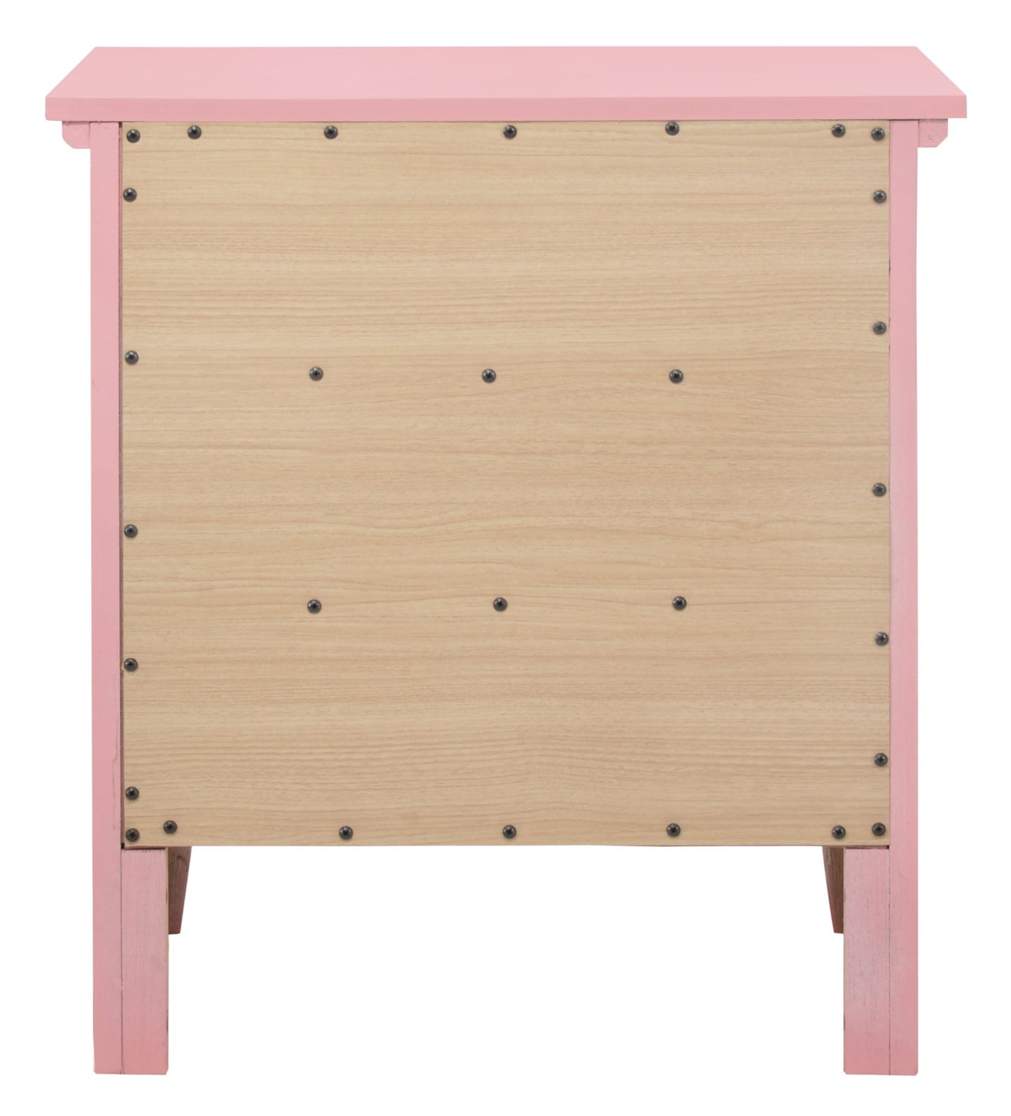 The Hammond - 3 Drawer Nightstand features a light wood panel with evenly spaced screws, framed by a pink structure on the back side.