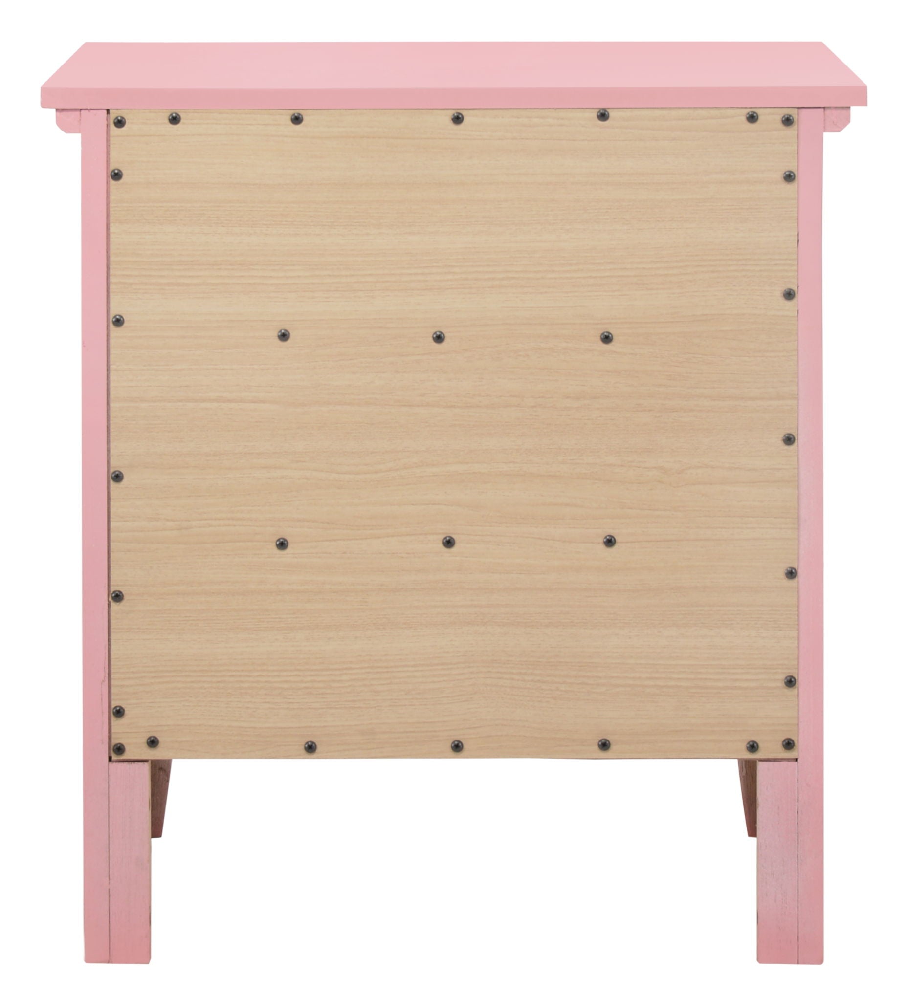 The Hammond - 3 Drawer Nightstand features a light wood panel with evenly spaced screws, framed by a pink structure on the back side.