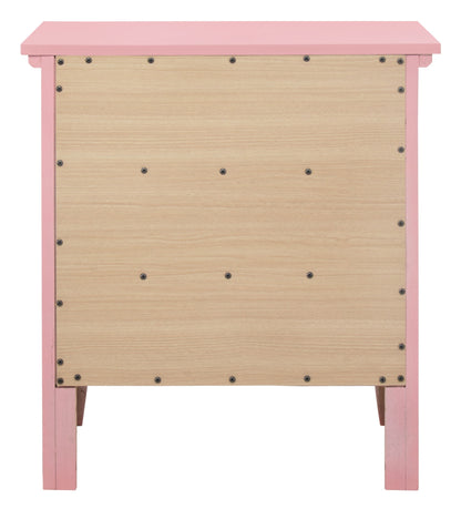 The Hammond - 3 Drawer Nightstand features a light wood panel with evenly spaced screws, framed by a pink structure on the back side.