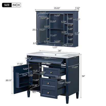 Bathroom Vanity With Top Sink, Storage Cabinet With Mirror, 2 Doors, 3 Drawers, 6 Open Shelves