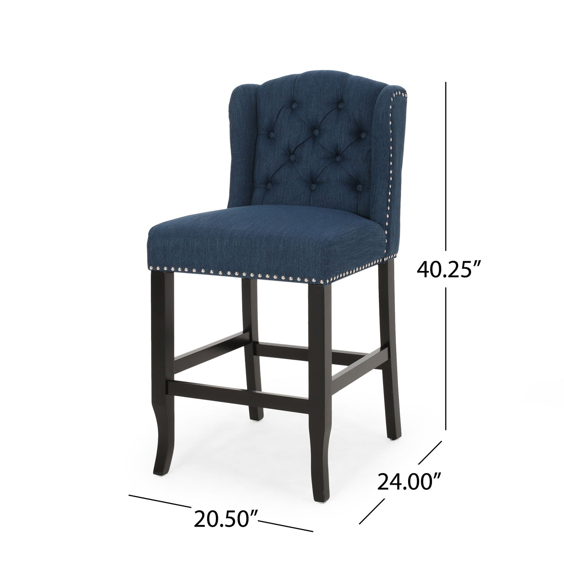 Vienna - Fabric Tufted Counter Stool With Nailhead Accents (Set of 2) features navy blue upholstery, tufted backrest, silver nailhead trim, dark wood legs, and measures 40.25"H x 24"D x 20.5"W with measurement lines shown.