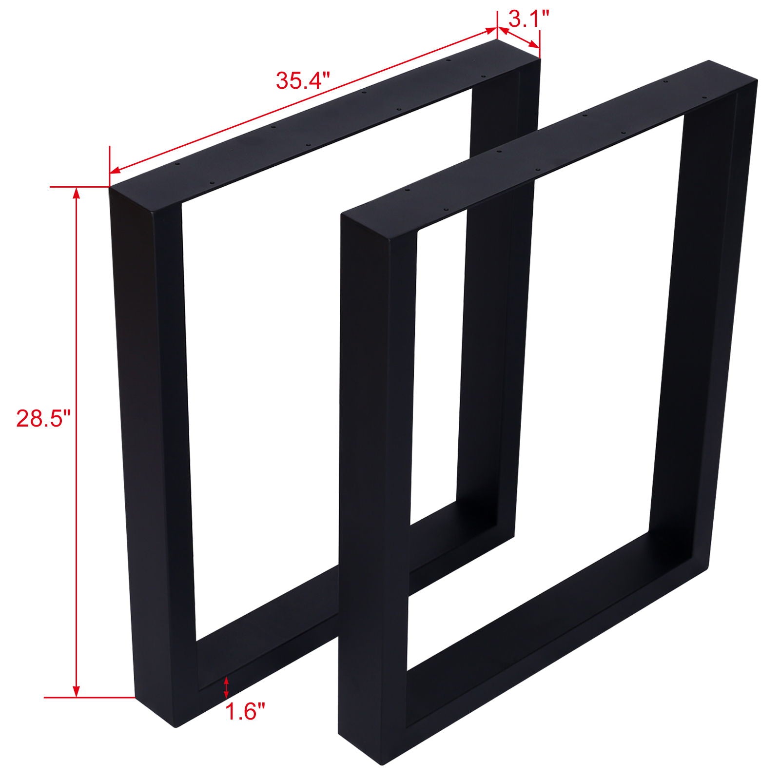 Set of 2 black Square Table Legs: heavy-duty steel, each 35.4" wide, 28.5" tall, 3.1" deep, and 1.6" thick—perfect for use as dining table or coffee desk legs. The metal legs stand upright and side by side.