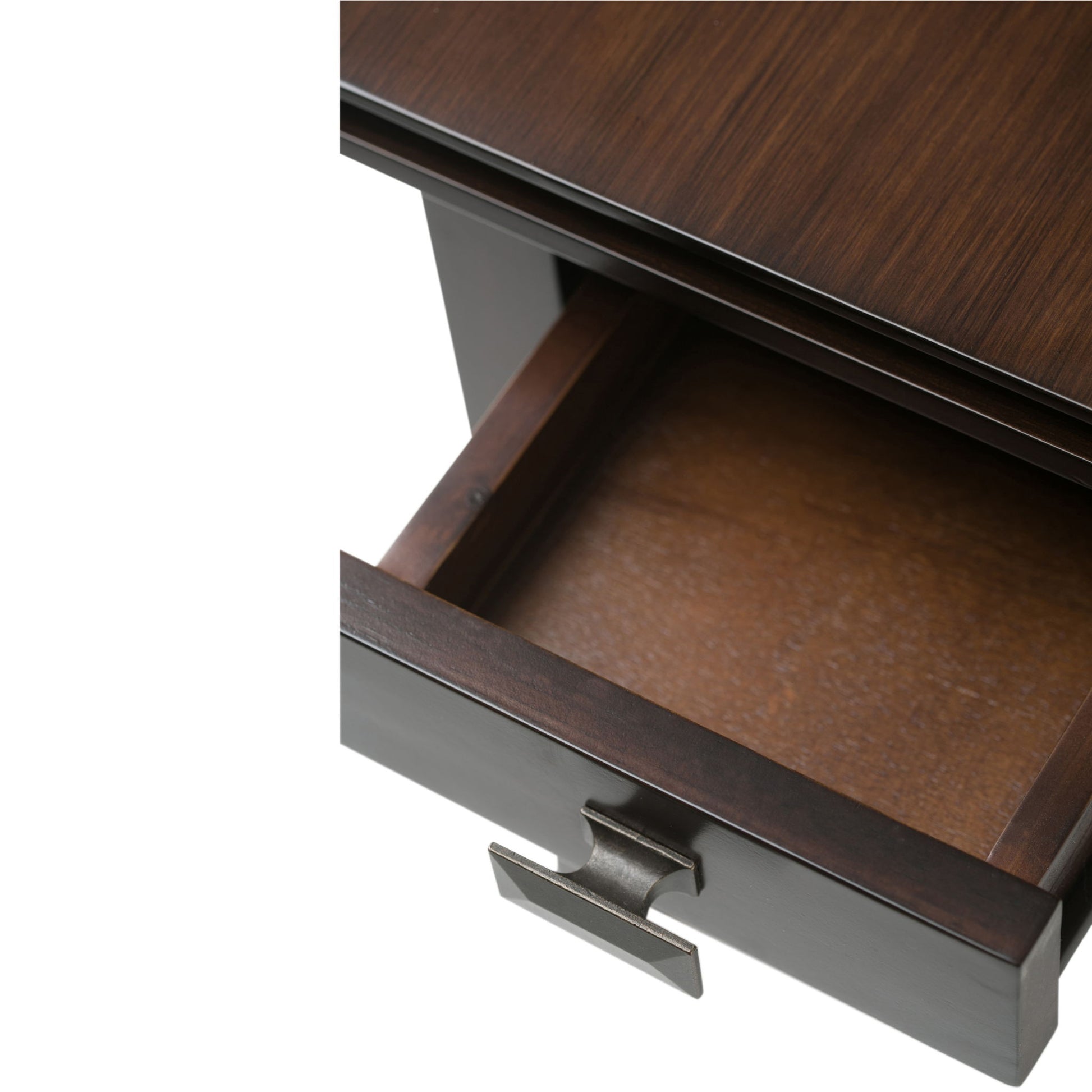 Close-up of a partially open drawer with a metal handle on the Artisan - Handcrafted Narrow Side Table, made from dark brown wood and set against a white background.