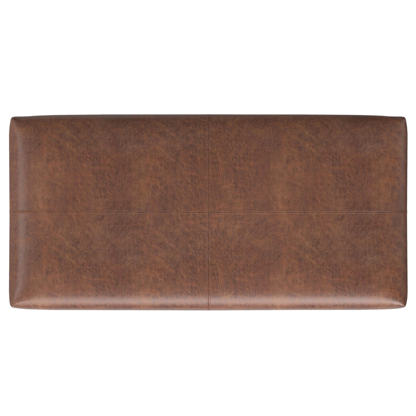 The Gabbie Coffee Table Upholstered Storage Ottoman is a rectangular brown leather piece seen from above, featuring a smooth surface with subtle stitching that divides the top into four sections.