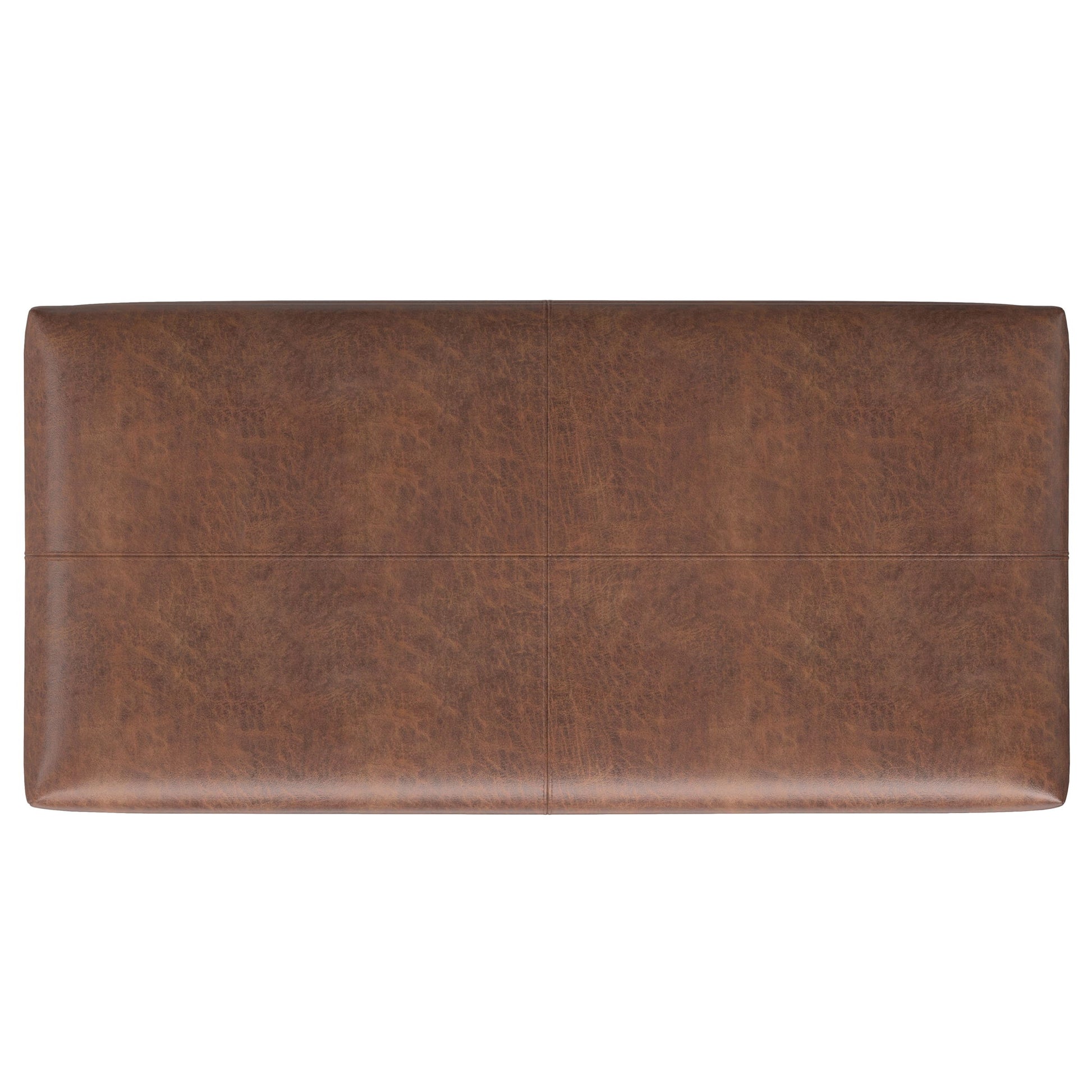 The Gabbie Coffee Table Upholstered Storage Ottoman is a rectangular brown leather piece seen from above, featuring a smooth surface with subtle stitching that divides the top into four sections.