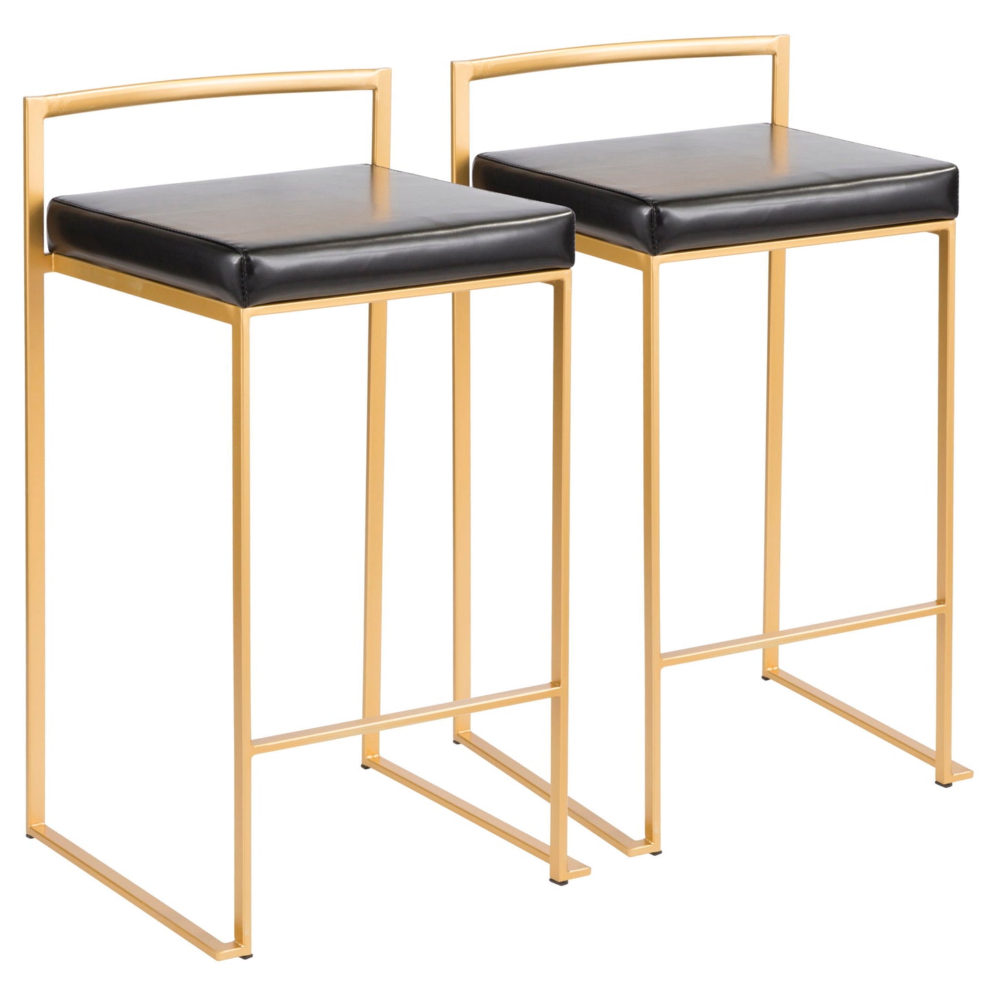 The Fuji Counter Stool set features two contemporary/glam stools with gold metal frames, square black cushioned seats, and low rectangular backrests for a sleek, minimalist look.